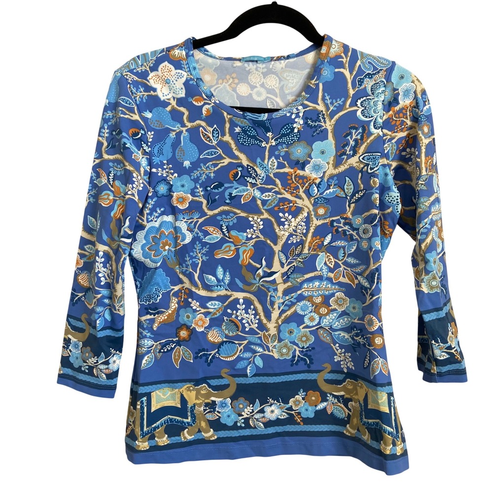 J.McLaughlin Blue Botanical Catalina Cloth 3/4 Sleeve Top Small Stretch Knit